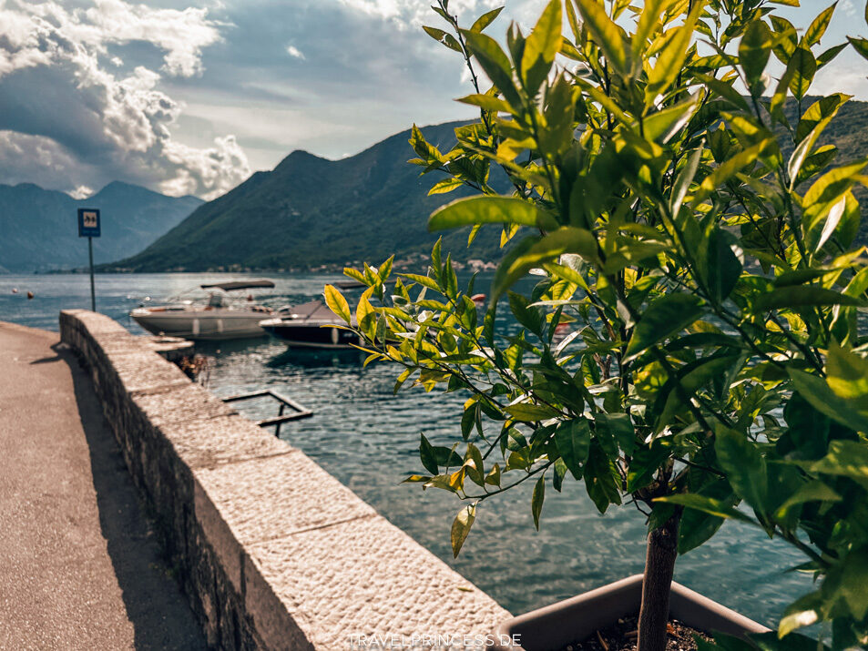 Perast Beach - Bucht von Kotor Schirme Liegen Preise Travelprincess Reiseblog Montenegro